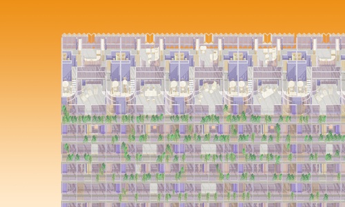 Elevation oblique looking into units with vegetation covered facade.