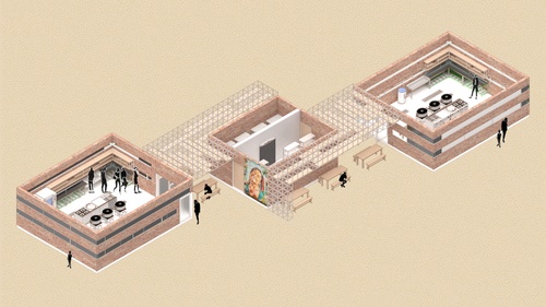 Three square-shaped open-roof light red brick structures on a light brown background with a grid scaffold roof operating as a connection among them.