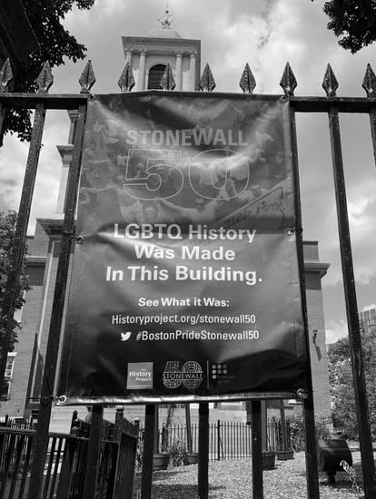 FIG. 2: Banner installed for Stonewall 50 at Old West Church, Boston, by the History Project, 2019. Photograph by the author.