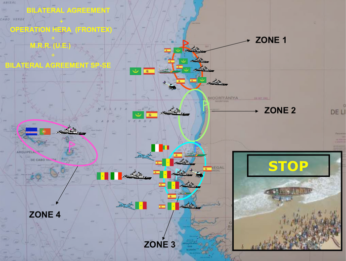 Fig 3: Operation Hera, as visualized by Spanish border authorities. PowerPoint by Servicio Fiscal y de Fronteras de la Guardia Civil, “Slide on Stop Operations,” Madrid, 2013. Courtesy of the Spanish Civil Guard.