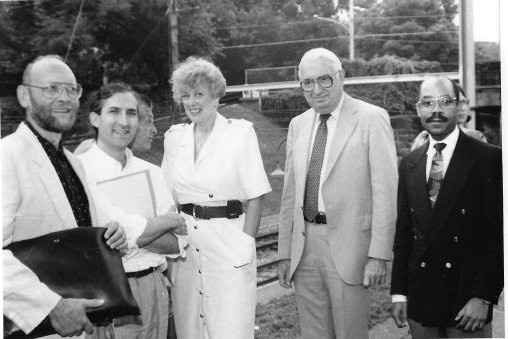 FIG. 7: Gordon Linton Jr. (far right), the state representative for WMAN, joins Friends of Allen Lane Station (far left) and two SEPTA officials (center) in 1992 for a celebration of the restoration of Allen Lane Station. Image courtesy of the Chestnut Hill Conservancy, Philadelphia, PA. Catalog No. 2007.2.408.12.