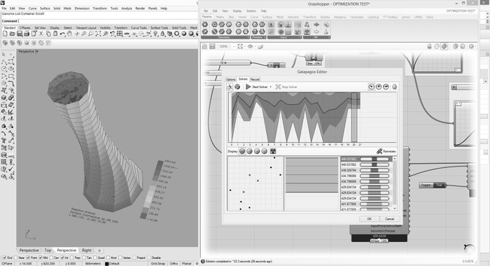 Screenshot of Galapagos form optimization fitness test in Grasshopper/Rhino.