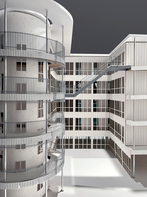 Model of interior courtyard. Circulation to the units lines the perimeter of the building.