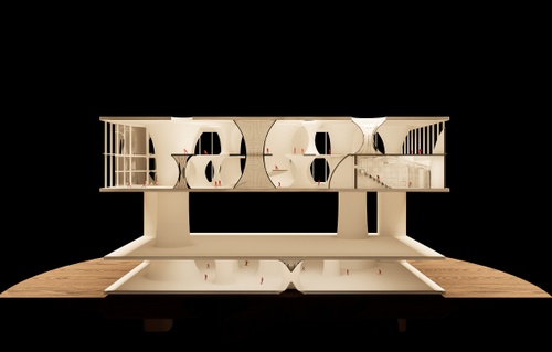 Perspectival view of sectional model showing curved interior. 