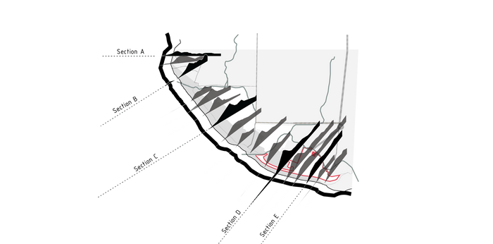 Key plan: Sections (below) at Sagar Island edge