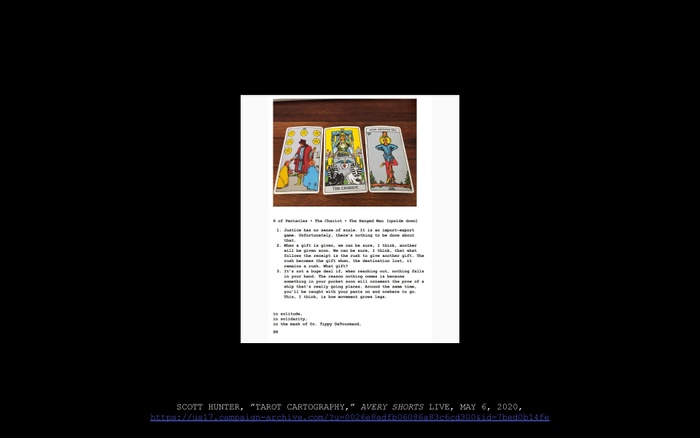 IT presentation slide: screenshot of Scott Hunter's "Tarot Cartography" from Avery Shorts Live (May 6, 2020)