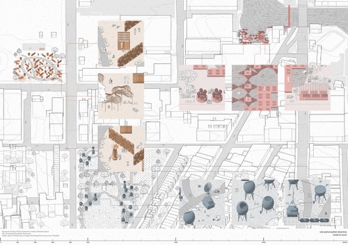 Axonometric map with programs and interior perspectives identified with labels and icons. 