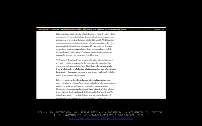 IT presentation slide: screenshot of article: Andrea E. Pia, Simon Batterbury, Agnieszka Joniak-Lüthi, Marcel LaFlamme, Gerda Wielander, Filippo M. Zerilli, Melissa Nolas, Jon Schubert, Nicholas Loubere, Ivan Franceschini, Casey Walsh, Agathe Mora, and Christos Varvantakis, "Labor of Love," Commonplace, 2020