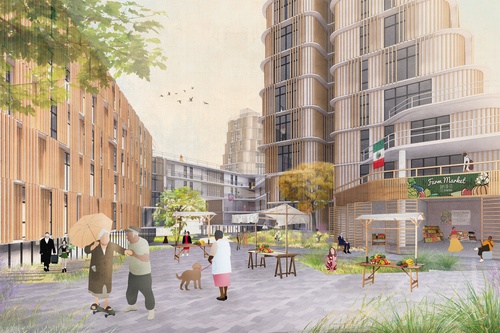 Perspective of a market within the exterior courtyard surrounded by housing.