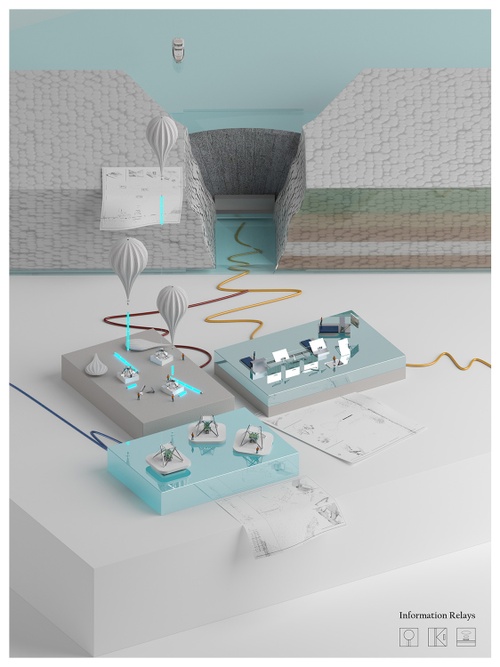 Photorealistic image showing model scaled infrastructures with river in background.