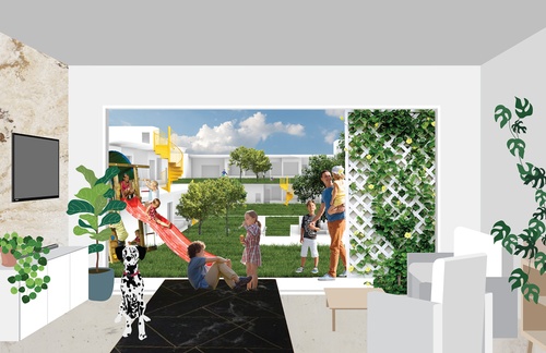 A living room with two young children opens up to a view of a play area with three children on an outdoor gym set, and an adult walking beside two children.