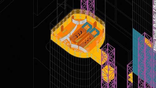 Section drawing of a single floor in a tower, rendered in bright orange on a black background. Light blue curtains separate five rooms.