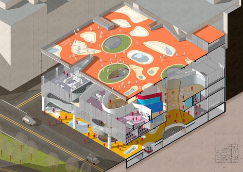 Colorful axonometric section drawing showing a terrace, research lab, trampoline and plaza with labels.