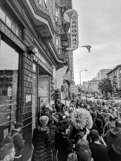 FIG. 3: March to Remember Queer Space, San Francisco, 2018. The Citywide LGBTQ Historic Context helped to inspire a community-led procession to remember queer historic sites and to visit current LGBTQ spaces threatened by gentrification in March 2018. Photograph by Donna Graves.