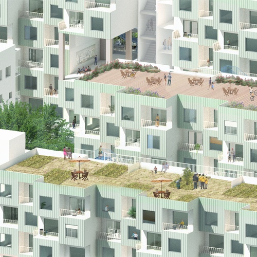 Axonometric showing unit aggregation, oscillating green façade, and rooftop program.